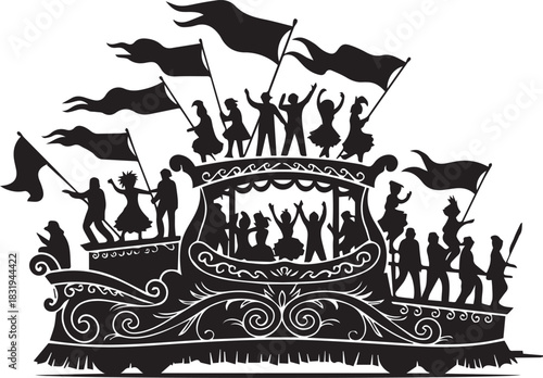 Silhouette of a celebratory parade float with people waving flags