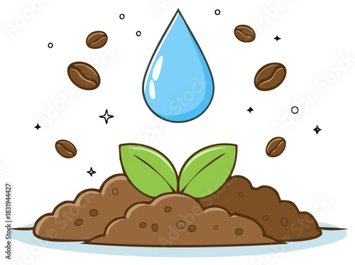 Water drop nourishing a fresh coffee plant sprout in rich soil surrounded by coffee beans representing natural growth