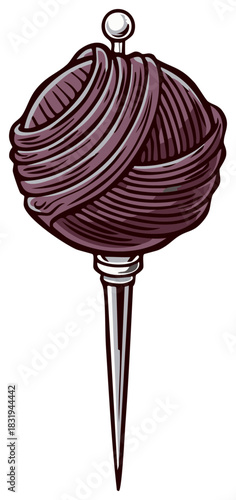 Stylized illustration of a yarn ball and knitting needle on a white background