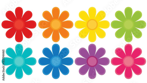Vibrant collection of eight cheerful stylized cartoon flowers showcasing a beautiful rainbow of bright colors, perfect for playful spring and summer design projects, adding a whimsical touch