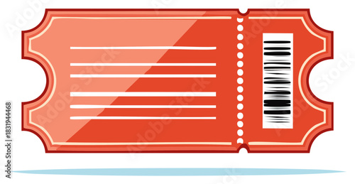Red event admission ticket with perforations and barcode graphic element