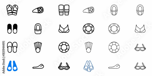 Illustration showcasing various swimming and beach related accessories and apparel items in simple outline style