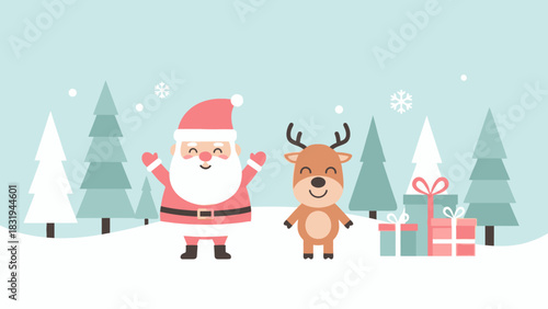 A cheerful cartoon illustration of Santa Claus and a reindeer standing in a snowy winter landscape with gifts and Christmas trees.