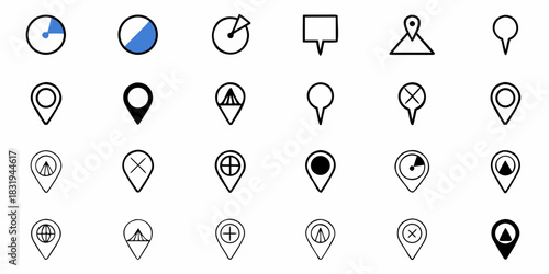 Collection of diverse location pin icons with various designs and fill states displayed in a grid pattern