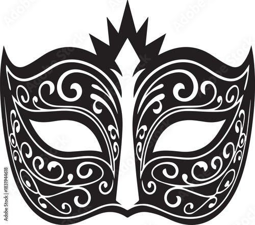 Ornate black and white masquerade mask with decorative swirls and a crown