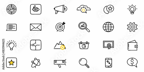 Collection of business and marketing icons including target, email, and lightbulb in black outline
