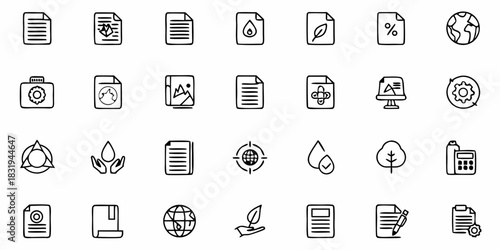 Collection of ecology and document related icons in a hand drawn style vector illustration