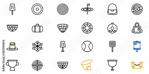 Collection of various icons including sports equipment, food, and travel accessories arranged neatly
