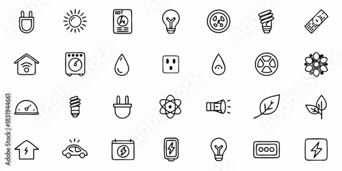 Illustration of various energy related icons including lightbulbs and power supplies in black and white