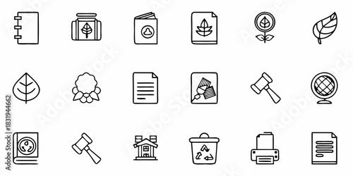 Collection of ecology and environment icons featuring leaves documents and recycling symbols in outline style