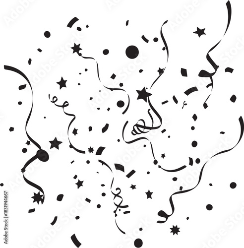 Black and white confetti and streamers explosion on a white background