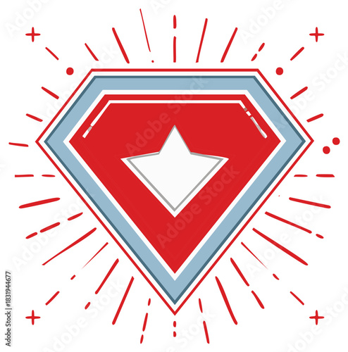 Red diamond shape with star inside bursting with rays