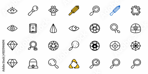 Illustration of various icons including eyes, diamonds, magnifying glasses, and other miscellaneous objects