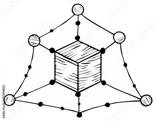 Abstract geometric cube structure connected by lines and nodes in a wireframe style