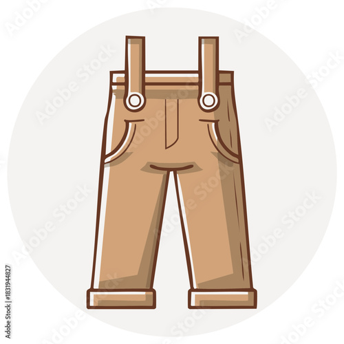 A simple vector icon of brown overalls with rolled cuffs and suspenders