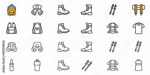 Illustration of hiking gear including backpacks boots trekking poles and water bottles arranged in rows
