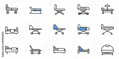 Illustration of various medical beds and gurneys including hospital beds and beach beds in line art style