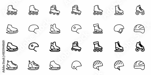 Collection of roller skates ice skates and helmets in various styles and orientations on a white background