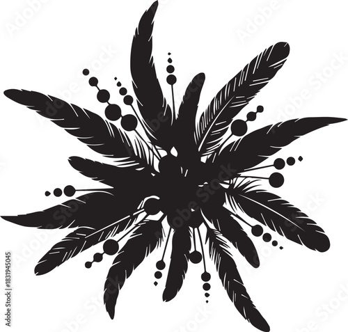 Abstract black feather starburst design with small dots