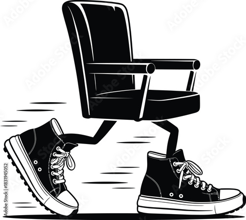 A whimsical illustration of a chair with legs walking in sneakers