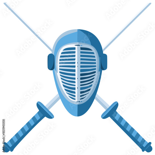 Kendo Protective Helmet and Crossed Swords Symbol in Blue Color Vector Style