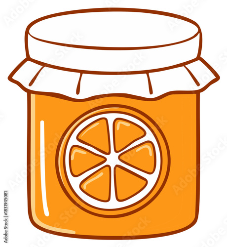 Cartoon illustration of an orange marmalade jar, decorated with an orange slice
