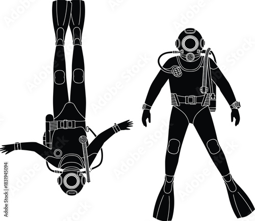 Vintage deep-sea divers in classic diving suits, underwater illustration showing standing and upside-down poses, retro marine exploration concept artwork design