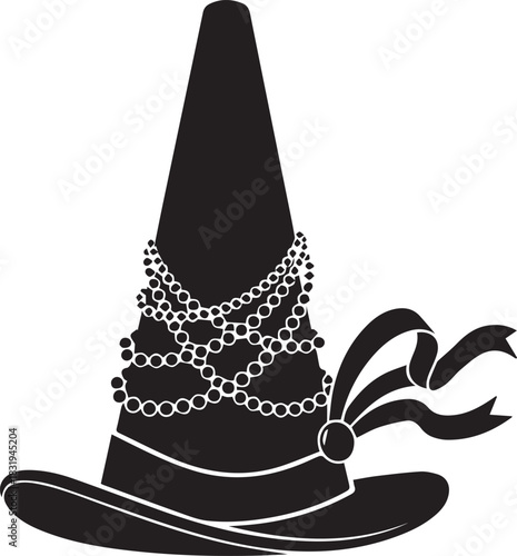 Black witch hat decorated with beads and feathers