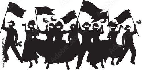 Silhouette of a diverse group of people marching with flags