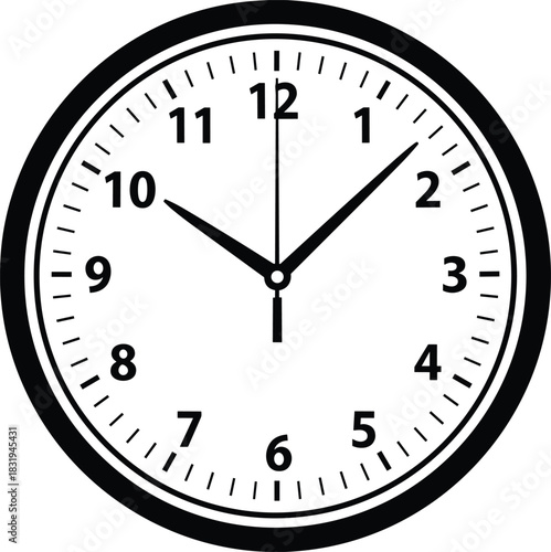 Classic round wall clock illustration showing accurate time, clean black outline design, timekeeping symbol for schedule, office, education, punctuality and organization