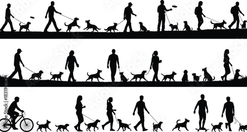 Dog walking silhouette, outdoor pet activity, human dog interaction, exercise with dogs, companionship, leash, playtime, biking, skateboarding, black 
