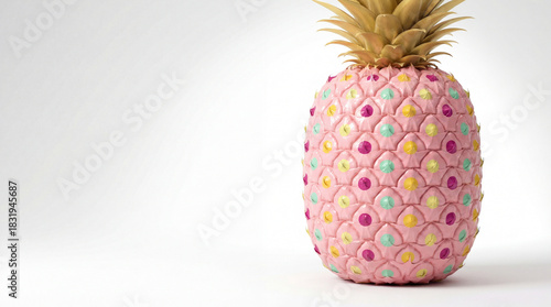 Pink Pineapple with Colorful Polka Dots. Unique Tropical Fruit Pop Art on White background.