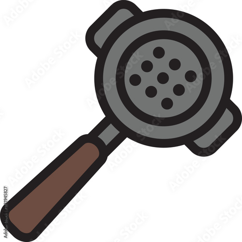 Vector illustration of a portafilter with brown handle and metal filter basket. Perfect for coffee shop branding, barista tools, espresso guides, café menus, and coffee-related digital content.