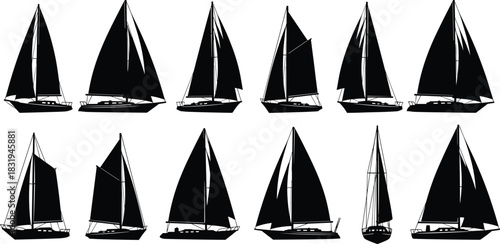 Collection of elegant sailboat silhouettes with detailed masts and sails, nautical marine vessel illustrations perfect for ocean, travel, and maritime design projects