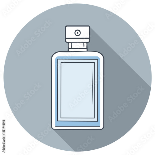 Stylized Perfume Bottle Illustration on Round Grey Backdrop with Drop Shadow
