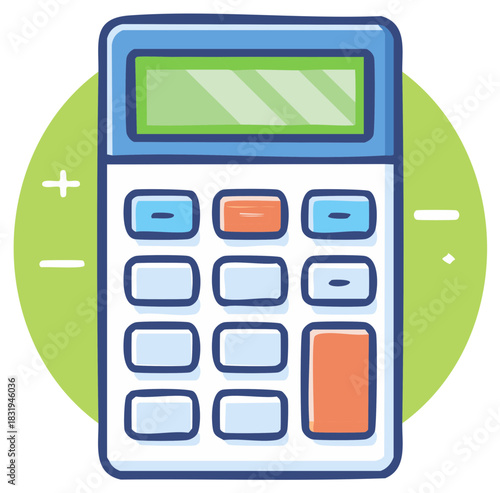Cartoon calculator illustration with a green background with plus and minus symbols