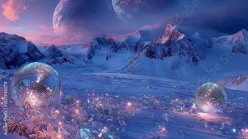 Minimalist landscape, snow, winter, planets in the sky, disco balls. - surrealism background.