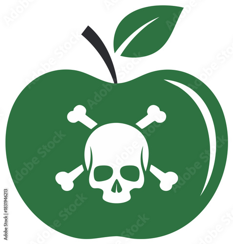 Green apple emblem featuring a skull and crossbones symbolizing poison or danger