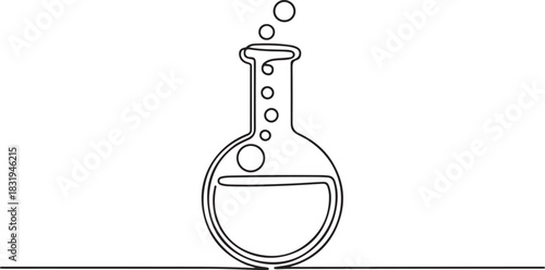 Single continuous line art chemical science flask. Scientific technology research medicine glass equipment design.one line  vector illustration  with out background