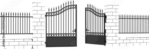 Wrought iron gate illustration, brick pillars, decorative entrance, classic fence design, secure architecture, vintage style, black and white sketch
