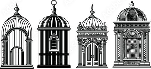 Ornate architectural pavilion illustrations with classical domes, decorative latticework, and vintage kiosk designs in black and white vector style