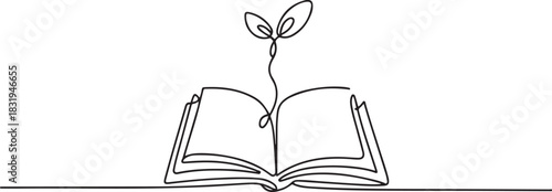 Opened book with sprout plant in one continuous line drawing . Education study and knowledge concept in simple linear style.one line  vector illustration  with out background