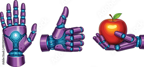 Robotic hands holding apple symbolizing AI interaction with organic objects, futuristic technology in agriculture and food automation concept vector