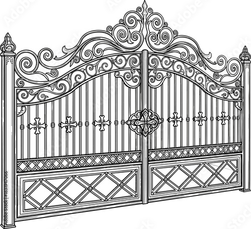 Wrought Iron Gate Drawing, Vintage Ornate Double Door Fence Vector Illustration, Luxury Classical Forged Metal Entrance Architecture Element, Black and White Sketch