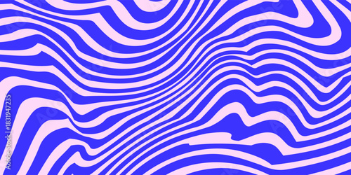 Blue Wavy Lines Abstract Background in Trendy Retro Psychedelic Style. 