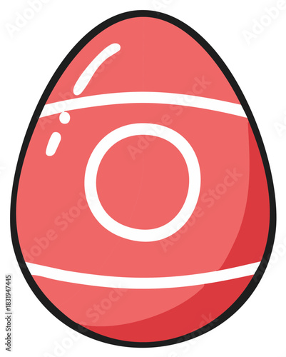 Cute red decorated Easter egg with white stripes and circle pattern vector illustration for spring holiday celebration