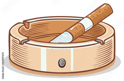 Close-up of a single cigarette resting in a classic round ashtray, isolated on a clean white background.