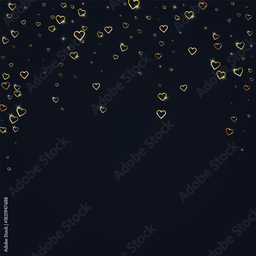 Gold hearts scattered on black background.