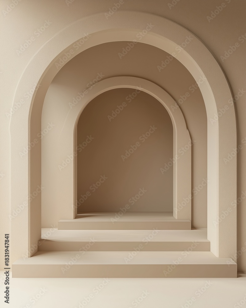 Fototapeta premium Minimalist neutral archway series with ascending steps creating a geometric
