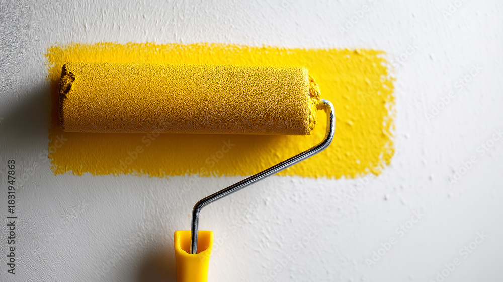 Obraz premium Faceless isolated paint roller painting yellow color strip on white wall defocused construction renovation background renovation painting work color application technique paint